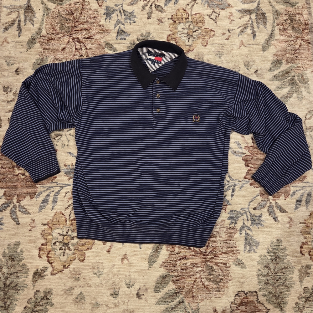 Tommy Hilfiger Navy and White Striped Polo Rugby Longsleeve - Mens Medium